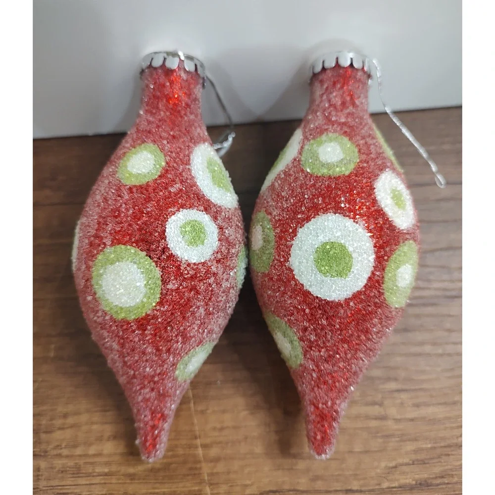 Polka Dot Finial Hanging Christmas Ornaments Lot Of 2 Sugared Red White Green A4